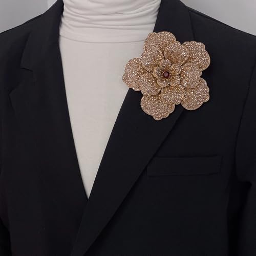 Rhinestone Flower Brooch Pin for Women Men Elegant Sparkly Crystal Camellia Floral Lapel Pins Shawl Dress Suit Clothes Accessories Wedding Party Fashion Jewelry 105mm - color: Champagne Brown