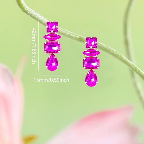 Dainty Sparkly Crystal Square Teardrop Circle Dangle Drop Earrings Long Chic Glitter Rhinestones Geometry Stud Earrings For Women - style: Rose Red