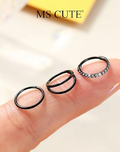 316L Stainless Steel Nose Ring Set – 3PCS Nose Hoops with Cubic Zirconia, 20G/18G, Silver/Black/Gold, 7mm/8mm Sizes, Seamless & Hinged Design for Sensitive Skin Jewelry - color: Black, size: 20g 8mm