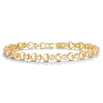 Tennis Bracelet for Women - 14K Gold Plated Heart Cubic Zirconia Bracelet, Dainty Trendy Anniversary Birthday Christmas Jewelry Gift for Her - color: Gold (6.3-6.8 Inches)