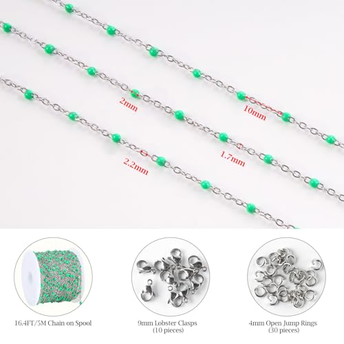 KYUNHOO 5 Meters Green Enamel Beaded Cable Chain Links for Jewelry Making | Silver Necklace Bulk Stainless Steel Jewelry Chains with Clasps Jewelry Supplies for Women DIY Crafts - color: silver-light green