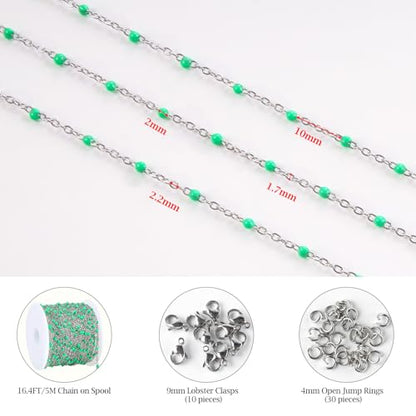 KYUNHOO 5 Meters Green Enamel Beaded Cable Chain Links for Jewelry Making | Silver Necklace Bulk Stainless Steel Jewelry Chains with Clasps Jewelry Supplies for Women DIY Crafts - color: silver-light green