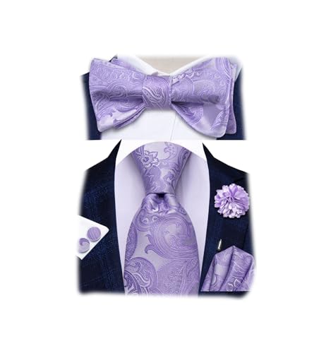 Hi-Tie 5Pcs Mens Solid Color Silk Tie Satin Pretied Bowtie Lapel Pin for Men Handkerchief Cufflink Wedding Gift Box - color: Lavender Purple-self Tie