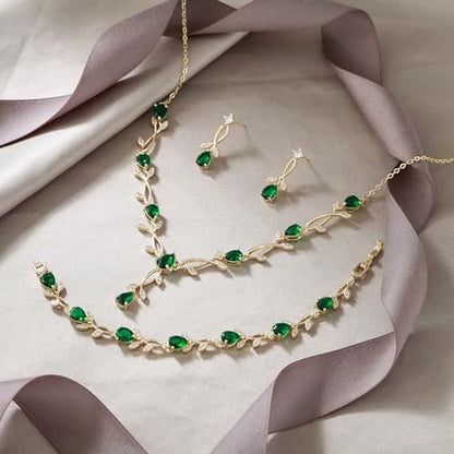 EVER FAITH Cubic Zirconia Pearl Leaf Bridal Jewelry Set for Bride Women | White Wedding Prom Necklace Dangle Earrings Bracelet, for Bridesmaid - color: CZ_Green Gold-Plated-Brass