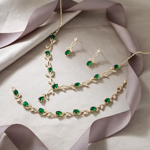 EVER FAITH Cubic Zirconia Pearl Leaf Bridal Jewelry Set for Bride Women | White Wedding Prom Necklace Dangle Earrings Bracelet, for Bridesmaid - color: CZ_Green Gold-Plated-Brass