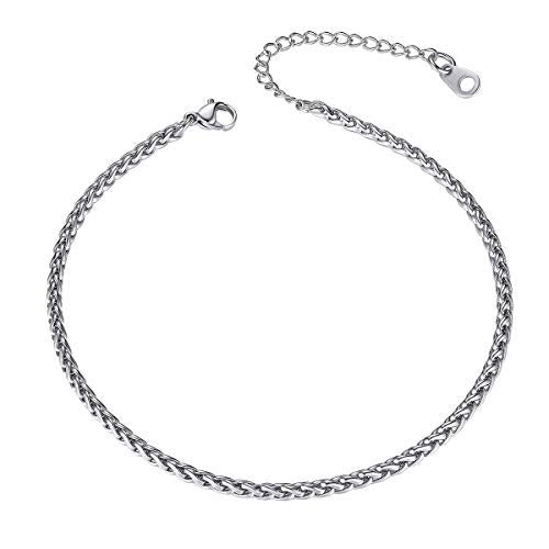 Adjustbale Link Chain Anklet for Women Summer Jewelry, 316L Stainless Steel Figaro/Wheat/Twist Rope/Cuban Foot Bracelet-Waterproof, Resizable 9"-12" (Gift Box Included) - color: 4, Wheat - Stainless Steel