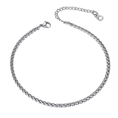 Adjustbale Link Chain Anklet for Women Summer Jewelry, 316L Stainless Steel Figaro/Wheat/Twist Rope/Cuban Foot Bracelet-Waterproof, Resizable 9"-12" (Gift Box Included) - color: 4, Wheat - Stainless Steel