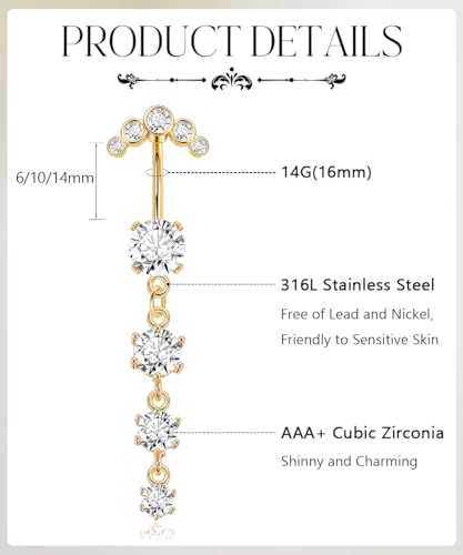 REVOLIA 5Pcs 14G Surgical Steel Dangle Belly Button Ring for Women Dangle Navel Ring Curved Belly Rings CZ Butterfly Barbell Body Piercing Jewelry - color: Gold, size: Bar Length 14MM