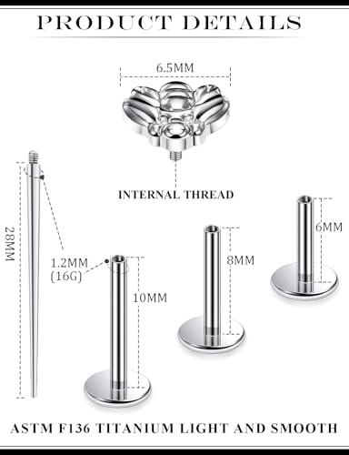 16G Astm F136 Titanium Internal Thread Flat Back Earrings Nose Studs Tragus Forward Helix Conch Cartilage Lobe Earrings Stud Medusa Labret Monroe Lip Ring Piercing Jewelry For Women Men - size: 16G--Style E