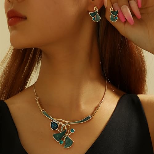 Chunky Statement Jewelry Set Vintage Retro Leaf Flower Floral Geometric Bohemian Boho Bib Necklace Earring Set Fashion Costume Jewelry for Women Girls Wedding Party Prom Unique Gift - style: triangle twist-aquamarine