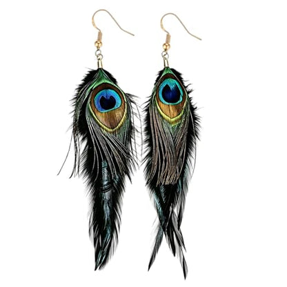 Feather Earrings for Women, Sterling Silver Hook Boho Style Peacock Long Feather Jewelry - color: Peacock Feather-5