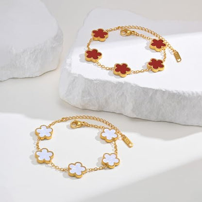 Women Gold Bracelets Jewelry Set - 3Pcs 18K Gold Plated Floral Bracelet,Stainless Steel Charm Bracelet Non-Tarnish,Adjustable Lucky Chain Trendy Gift,Christmas Valentines Birthday Gifts for Girlfriend - style: White&Red