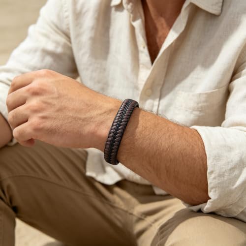 Italian Handmade Leather Bracelets for Men - color: Brown Braided, size: 8.2"
