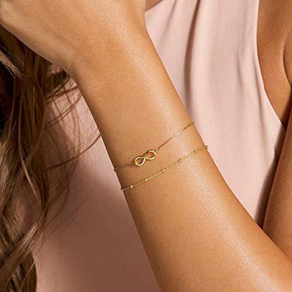 Dainty Gold Bracelets for Women, 14K Gold Plated Adjustable Layered Beads Bracelet Cute Evil Eye Oval Chain Pearl Bar Turtle Gold Bracelets for Women Jewelry - style: Infinity&Beads Chain