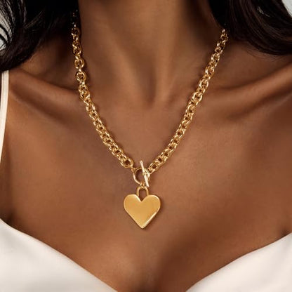 Airmb Heart Necklace for Women Gold/Silver Plated Trendy Heart Choker Lover Pendant Hypoallergenic Fashion Gold/Silver Necklace for Women Love Jewelry Gift for Women Girlfriend - color: Gold-Big Heart-Chunky O Chain