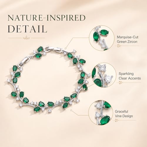 Emerald Green CZ Leaf Vine Tennis Bracelet for Women, Rhodium-Plated Brass, 8" Oval-Cut Cluster Floral Link, 5.1 mm Dainty Sparkle Gift Jewelry