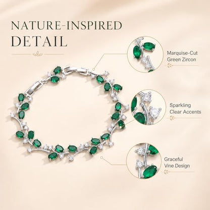 Emerald Green CZ Leaf Vine Tennis Bracelet for Women, Rhodium-Plated Brass, 8" Oval-Cut Cluster Floral Link, 5.1 mm Dainty Sparkle Gift Jewelry
