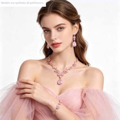 Kamirola Bridal Jewelry Set, Jewelry Set for Women, Necklace Dangle Earrings Bracelet Set, White Gold Plated (TR76) - color: Cream Pink