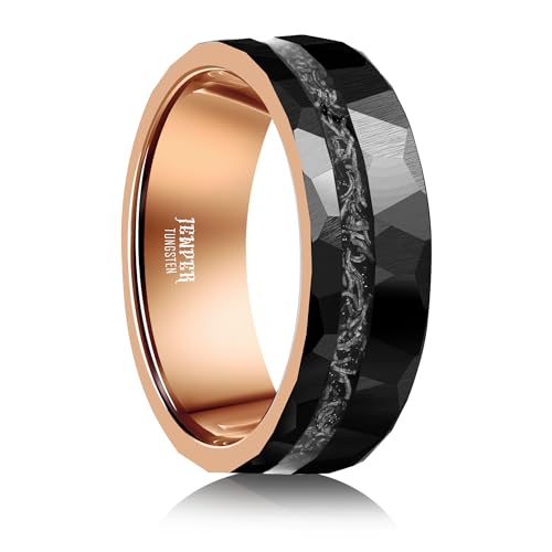 Tungsten Rings for Men Womens 8mm Black Fashion Promise Wedding Band Hammered Groove Meteorite Orbo Carbide Beveled Polished Edge Comfort Fit - color: rose gold iron filings
