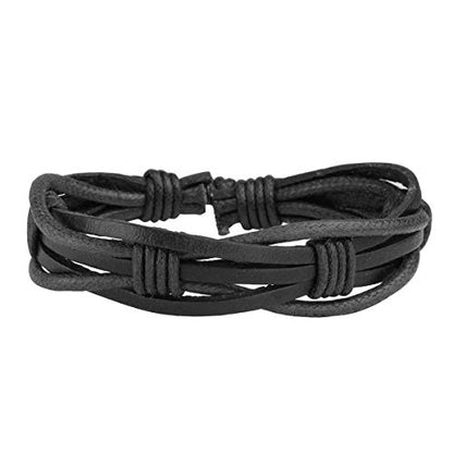 Eigso PU Leather Braided Handmade Cuff Wrap Bracelet Handbands for Men Women Stackable Adjustable - color: Black