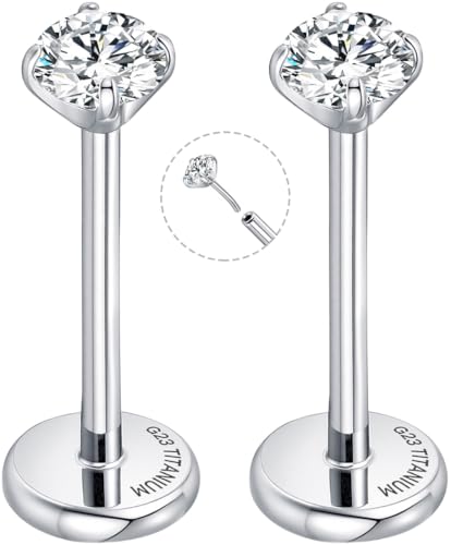 Threadless Flat Back Earrings for Tragus, Helix, Conch, Daith, Cartilage Piercings - G23 Titanium Flatback Stud Earrings with Grade AAAAA Cubic Zirconia - Threadless Flat Back Nose Stud Push Pin Ring Earring Studs (18g, 16g, 20g - 6mm, 8mm) - color: Silve