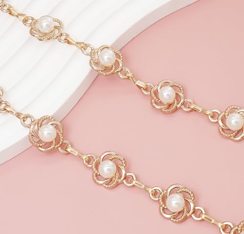 Women's Waist Chain Flower Metal Belt for Dresses Jeans | Adjustable Belly Waist Chain - color: Pearl Flower Gold, size: L: 135cm/53in