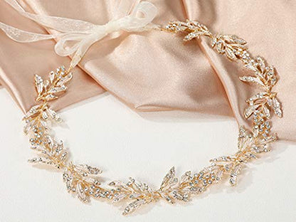 SWEETV Leaf Wedding Headpieces for Bride Flower Girl Gold Bridal Headband with Rhinestones Women Handmade Hair Accessories - color: Gold