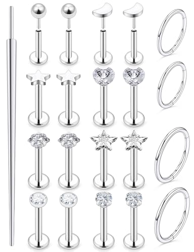 20G 18G 16G Threadless Lip Labret Medusa Monroe Nose Piercing Jewelry Surgical Steel Snake Bites Lip Rings Flat Back Push in Cartilage Tragus Helix Conch Earring Stud 6mm 8mm 10mm Bars - color: Silver-18G（1.0mm) - Bars:8mm - Hinged Clicker Rings:8mm 10mm