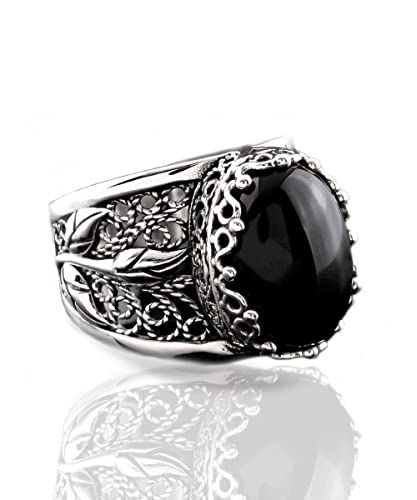 Filigranist 925 Sterling Silver Filigree Art Lace Embroidery Tulip Detailed Gemstone Women Cocktail Ring, Luxurious Gift Boxed - color: Black Onyx