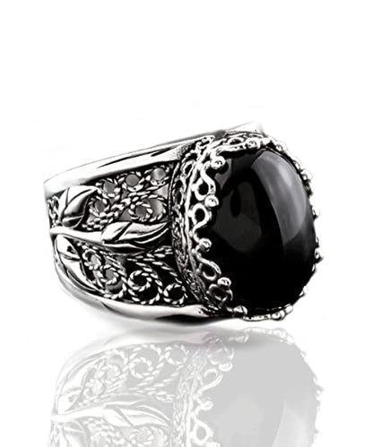 Filigranist 925 Sterling Silver Filigree Art Lace Embroidery Tulip Detailed Gemstone Women Cocktail Ring, Luxurious Gift Boxed - color: Black Onyx