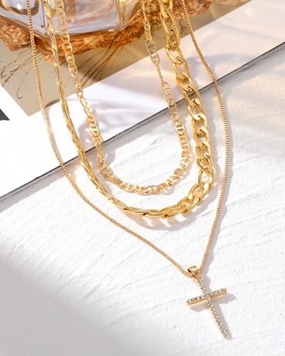 Gold Layered Necklaces for Women Chunky Layered Gold Necklaces Stacked Paperclip Chain Pearl Necklace Herringbone Toggle Clasp Choker Trendy Statement Jewelry Gifts - color: A5:gold layered necklace