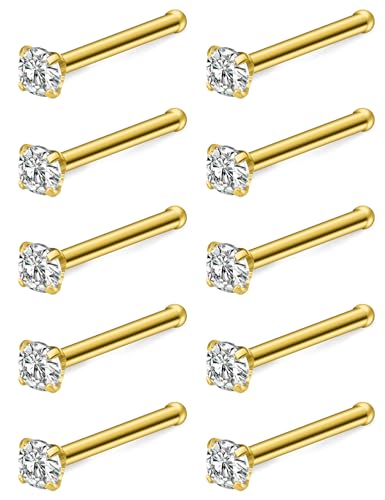 Hoeudjo Nose Studs Surgical Steel Cubic Zirconia Nose Rings Kit for Women Men Tiny Nose Stud Bone & Screw & L Shaped Nostril Piercing Jewelry 24/22/20/18 Gauge 10 Pieces - color: gold-tone,nose bone studs, size: 22g/2mm clear CZ