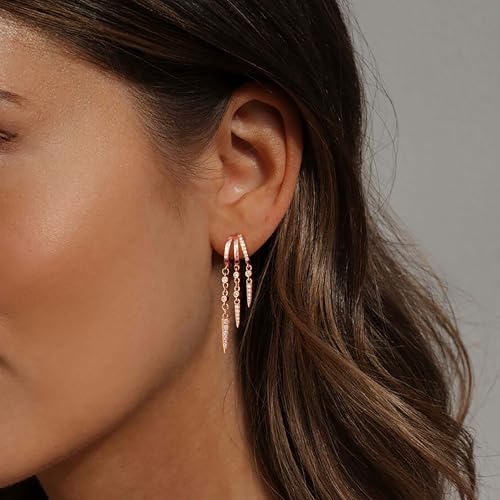 Dangle Earrings for Women,14k Gold Plated Triple Huggie Stud Earrings Cute Statement Chain Earring Dainty Drop Earrings for Women Trendy Gold Plated Jewelry - color: rose gold- dangle3