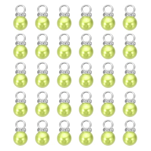 MECCANIXITY 100Pcs Imitation Pearl Pendant 10mm Faux Pearl Beads with Rhinestone for Dangle Jewelry Making Earrings Necklace Bracelets Crafts, Green - color: Green