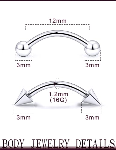 Jenxnjsjo 20/18/16g F136 Titanium Eyebrow Piercing Jewelry Rook Earring Vertical Labret Jewelry 6/8/10/12mm Curved Barbell for Women Men - size: 16g*12mm