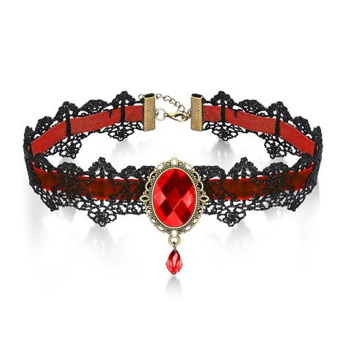 AILUOR Punk Rock Wedding Party Handmade Black Lace Choker, Gothic Retro Lolita Beads Chain Vampire Pendant Necklace for Women Halloween - color: Red