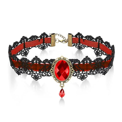 AILUOR Punk Rock Wedding Party Handmade Black Lace Choker, Gothic Retro Lolita Beads Chain Vampire Pendant Necklace for Women Halloween - color: Red