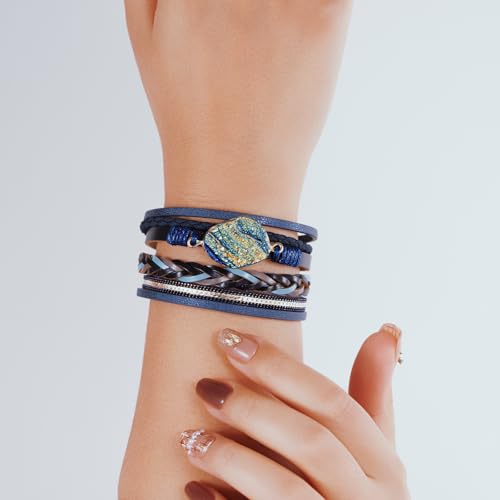 Boho Leather Wrap Bracelets Beaded Stackable Cuff Bracelet Country Concert Outfits Cowboy Cowgirl Western Jewelry Gifts for Women - color: Stone-Blue