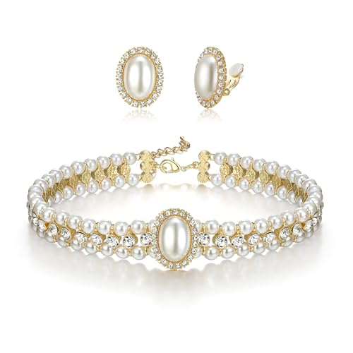 BriLove 1920s Costume Jewelry Set for Women,Vintage Multilayer Simulated Pearl Crystal Necklace Bracelet Earrings Cosplay Party Accessories - style: 2pcs Clip-On