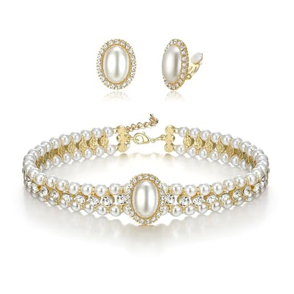BriLove 1920s Costume Jewelry Set for Women,Vintage Multilayer Simulated Pearl Crystal Necklace Bracelet Earrings Cosplay Party Accessories - style: 2pcs Clip-On