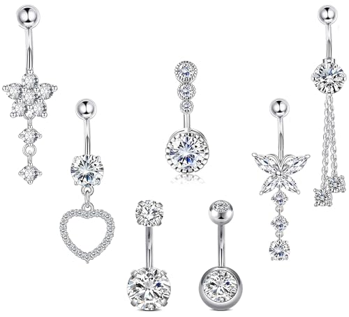 7 Pcs Gold Belly Button Ring Dangle for Women Hypoallergenic Surgical Stainless Steel Dangling Belly Rings Butterfly Heart CZ Cute Long Belly Button Piercing Dangly Navel Piercings Pack Belly Piercing Jewelry - color: silver