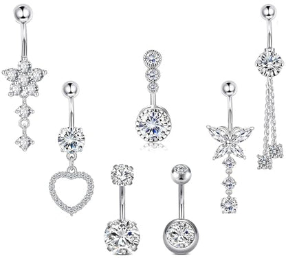 7 Pcs Gold Belly Button Ring Dangle for Women Hypoallergenic Surgical Stainless Steel Dangling Belly Rings Butterfly Heart CZ Cute Long Belly Button Piercing Dangly Navel Piercings Pack Belly Piercing Jewelry - color: silver
