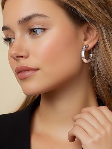 PROSTEEL Chunky Hoop Earrings for Women 14K Gold Plated/Black/Silver | 20/30/40/50/60/70/80mm Stainless Steel Thick Big Round Hoop with Waterproof and Non Tarnish Trendy Jewelry with Gift Box - color: 1. Silver, size: 30MM