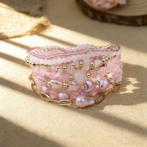 7PCS Boho Bohemia Multilayer Beaded Bracelet Set Stackable Crystal Bead Bracelets Heart Pearl Charms Multicolor Bohemian Stretch Bracelets for Women Summer Beach Jewelry Gifts - color: Pink