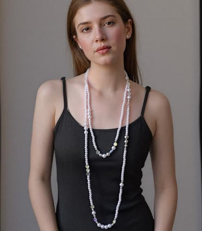 Errally Long Pearl Necklace and Earring Set Layered Pearl Beaded Necklaces for Women White Costume Jewelry Sets Gifts for Mom - color: Crystal