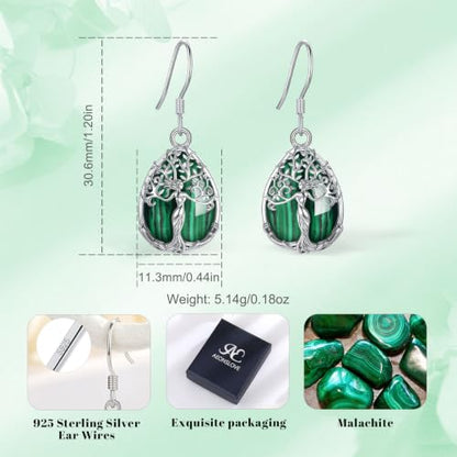 AEONSLOVE Tree of Life Crystal Earrings with Sterling Silver Ear Hooks, Dangle Drop Tree Earrings Gifts for Women - style: A01-Malachite-Teardrop