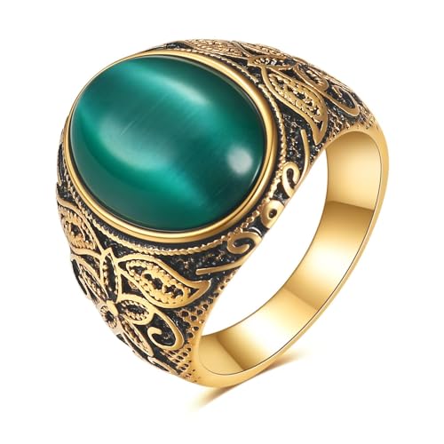 Retro Large Tiger Eye Stone Turquoise Wedding Ring For Men Classical Gothic Stainless Steel Rings - color: Gold-Green