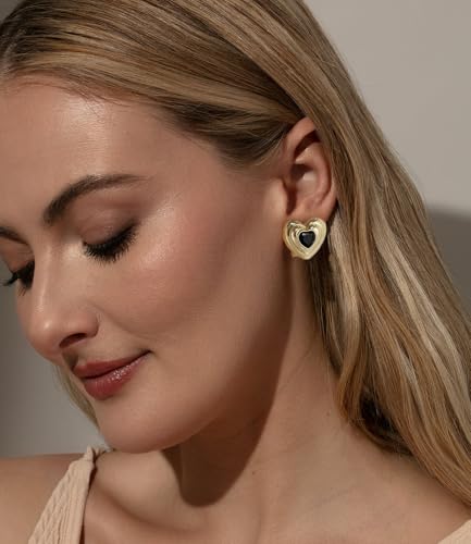Chunky Gold Geometric Stud Earrings Trendy Vintage 14K Gold Plated Black Cubic Zirconia Statement Cocktail Earrings Dupes Jewelry for Women - style: Black Heart