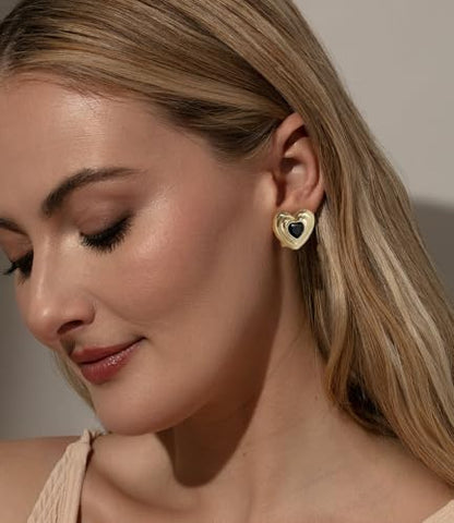 Chunky Gold Geometric Stud Earrings Trendy Vintage 14K Gold Plated Black Cubic Zirconia Statement Cocktail Earrings Dupes Jewelry for Women - style: Black Heart