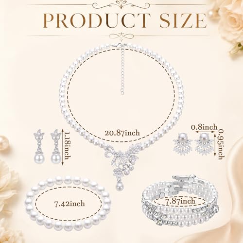 Glenmal Pearl Rhinestone Jewelry Set for Women Pearl Necklace Bracelet Earrings for Wedding Halloween Bridal Shower Tea Party - style: Glitter Style
